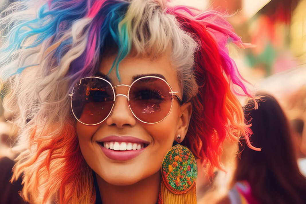 A woman with colorful hair and large round sunglasses smiles while wearing vibrant clothing and accessories at an outdoor event.