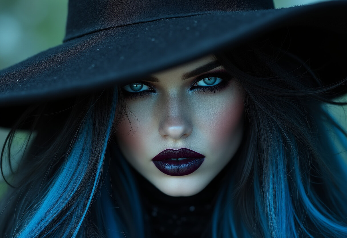 A person with striking blue eyes, dark makeup, and autumn hair colours wears a large black hat, gazing intently. glamours halloween hair.